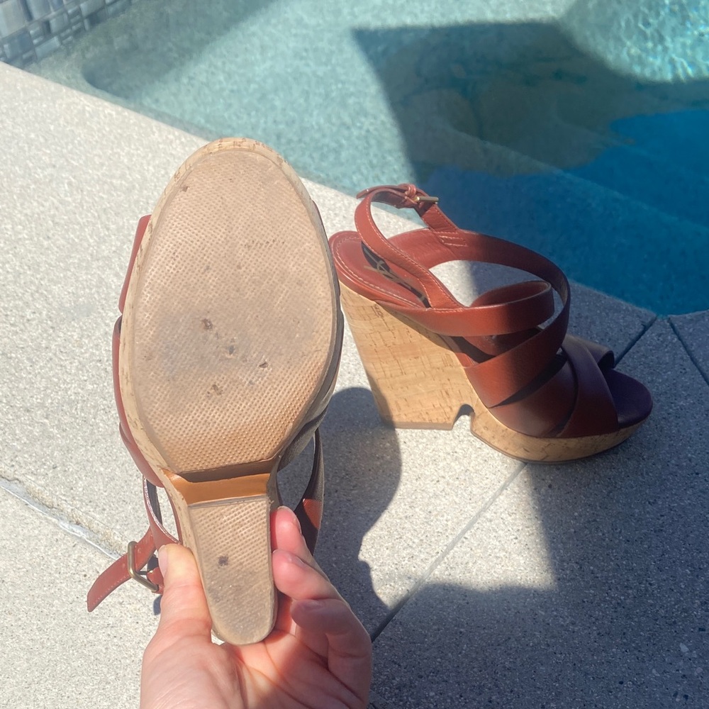 Saint Laurent Cognac Leather Cork Wedge Sandals - Picture 5 of 7